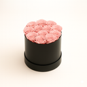 12 pink preserved roses arranged in matte round box by ZESO Blooms – romantic lasting floral gift