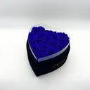 Open blue heart-shaped preserved rose box featuring twelve long-lasting preserved roses by ZESO Blooms