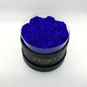 Blue round preserved rose box with twelve real preserved roses, luxury floral arrangement by ZESO Blooms