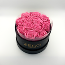Pink round preserved rose box with twelve real preserved roses, romantic floral gift by ZESO Blooms