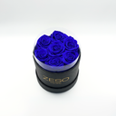 Blue round preserved rose box with seven real preserved roses, luxury gift arrangement by ZESO Blooms