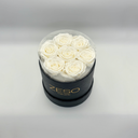 White round preserved rose box with seven real preserved roses, elegant floral gift by ZESO Blooms