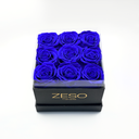 Blue square preserved rose box with nine real preserved roses, luxury floral arrangement by ZESO Blooms