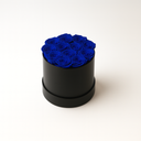 12 blue preserved roses arranged in matte round box by ZESO Blooms – elegant lasting floral gift
