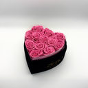 Open pink heart-shaped preserved rose box with twelve preserved roses, romantic gift by ZESO Blooms