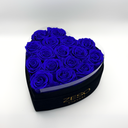 Open blue heart-shaped preserved rose box featuring sixteen long-lasting preserved roses by ZESO Blooms