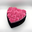 Open pink heart-shaped preserved rose box with sixteen preserved roses, romantic gift by ZESO Blooms
