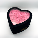 Pink heart-shaped preserved rose box with sixteen preserved roses and lid closed, romantic floral gift by ZESO Blooms