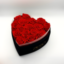 Open red heart-shaped preserved rose box displaying sixteen real preserved roses by ZESO Blooms