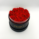 Red round preserved rose box with twelve real preserved roses, luxury floral gift by ZESO Blooms