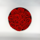Top view of red round preserved rose box featuring twelve long-lasting preserved roses by ZESO Blooms