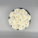 Top view of white round preserved rose box with twelve preserved roses from ZESO Blooms