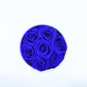Top view of blue round preserved rose box showcasing seven preserved roses by ZESO Blooms