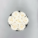 Top view of white round preserved rose box with seven preserved roses from ZESO Blooms