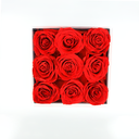 Top view of red square preserved rose box featuring nine long-lasting preserved roses by ZESO Blooms