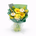 Bouquet of yellow flowers wrapped in green paper on a white background